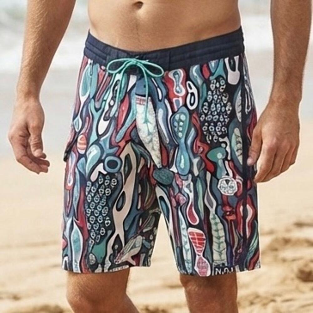 VISSLA | Men's Boardshorts Swim Trunks Abstract Fish Print Surf Stretch | 32